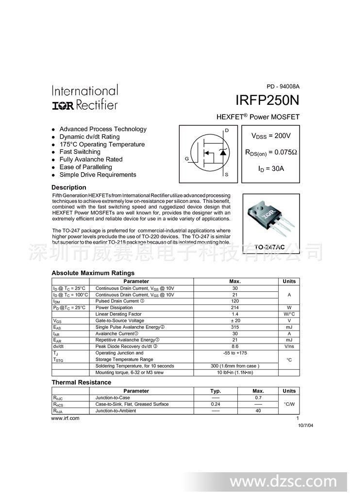 【威赛恩】 供应 ir原装 irfp250npbf mosfet 场效应管 rohs