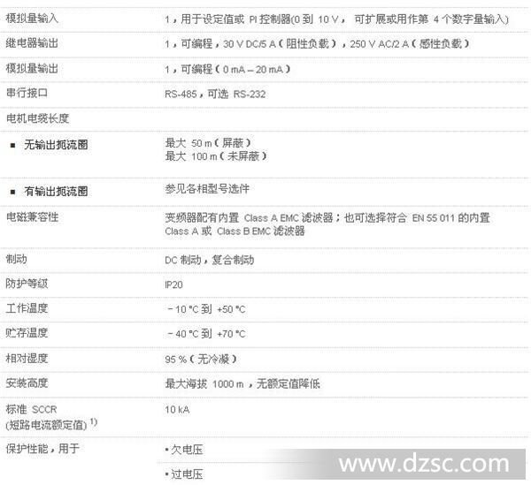 西门子MICROMASTER 420通用型变频器技术参数