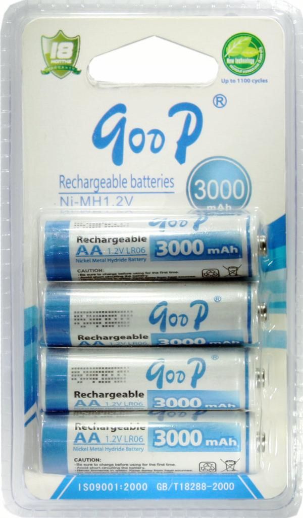 古迪*高容量镍氢5号AA充电电池3000mah 四粒装