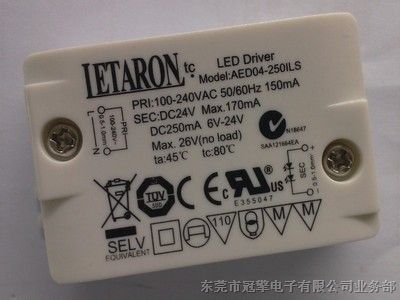 供应UL/CUL/TUV/SAA/CE 4W 250mA恒流LED驱动器