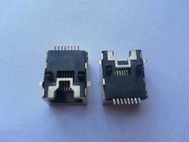 东莞网口厂家低价供应RG45带铁壳屏蔽SMT RJ45 8针扁针通讯连接器 PCB插座带五金定位柱