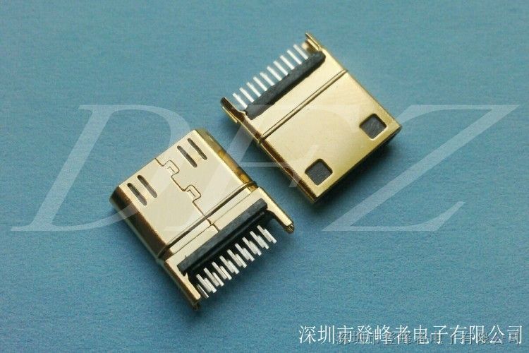 供应 MINI HDMI 19P夹板1.0公头铁壳镀金